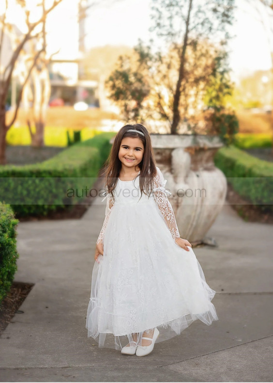 Long Sleeves White Eyelash Lace Tulle Vintage Flower Girl Dress